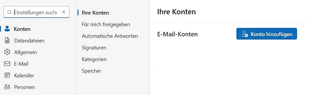 Neues Konto in Outlook anlegen Bild: Neues Konto in Outlook anlegen