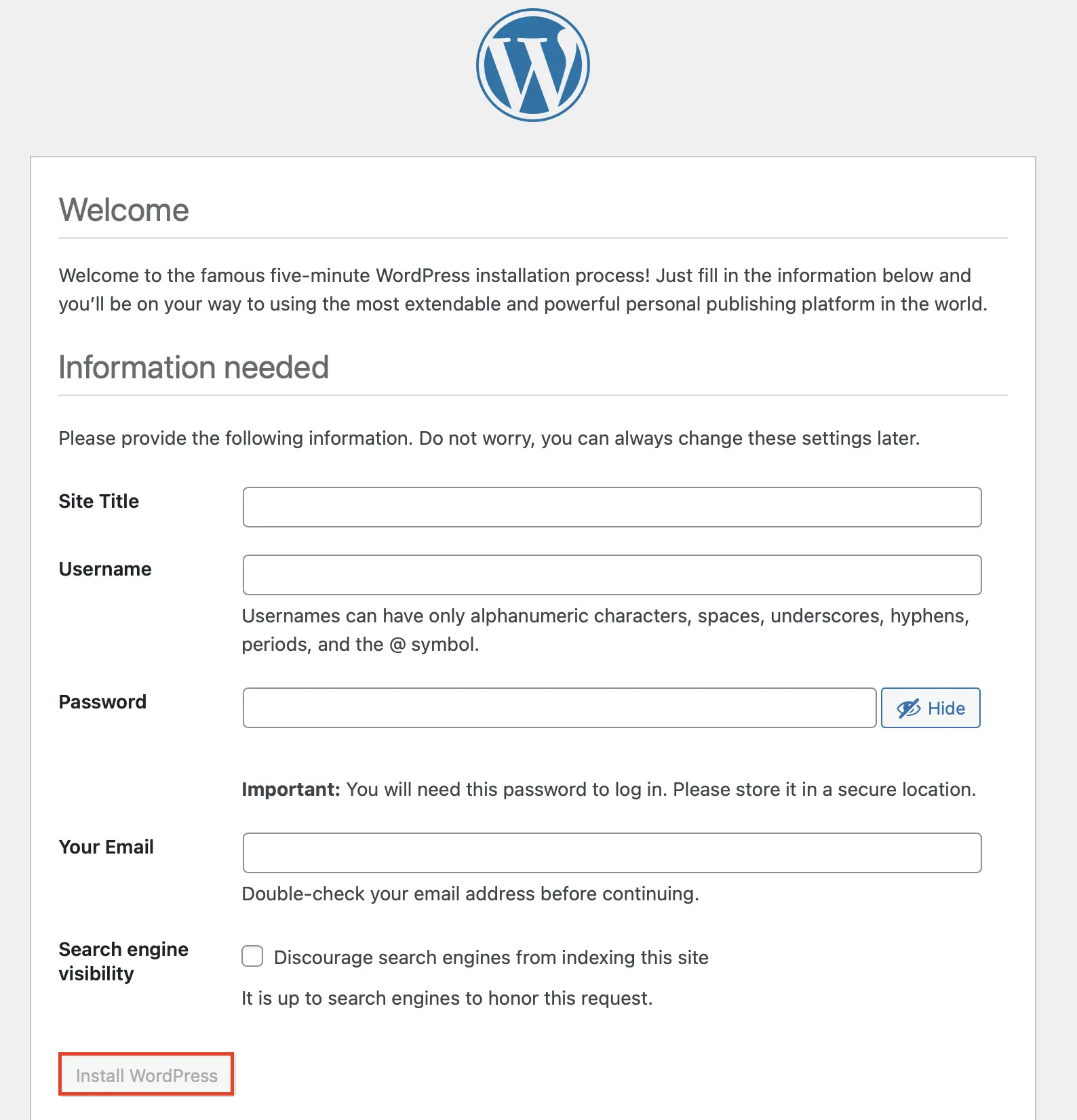 Screenshot der WordPress-Installation: Angaben zur WordPress-Seite Bild: Screenshot der WordPress-Installation: Angaben zur WordPress-Seite