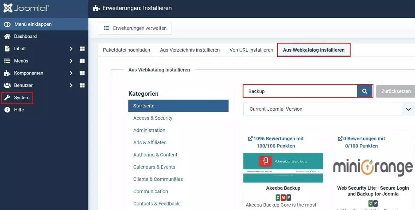 Bild: Joomla: Erweiterungen aus Webkatalog installieren