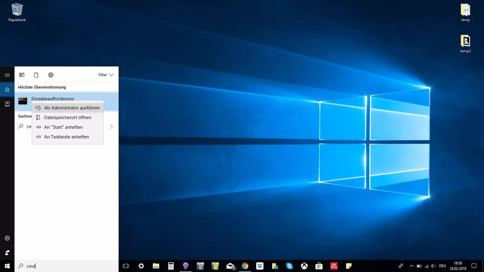 Eingabeaufforderung über die Windows-Suchleiste