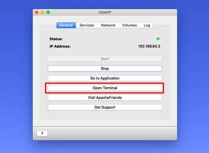 Benutzeroberfläche von XAMPP mit dem Button „Open Terminal“