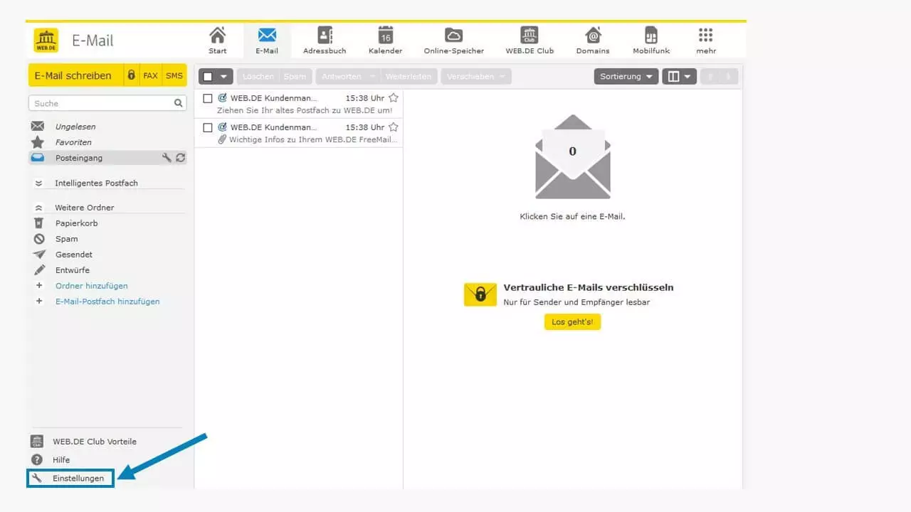 Abwesenheitsnotiz ohne Mozilla Thunderbird: Die Einstellungen bei WEB.DE aufrufen