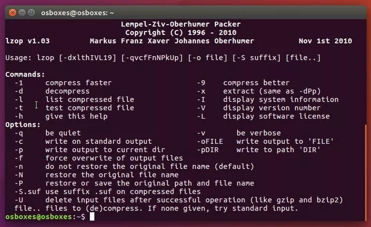Bild: Ubuntu-Terminal: lzop-Übersichtsmenü
