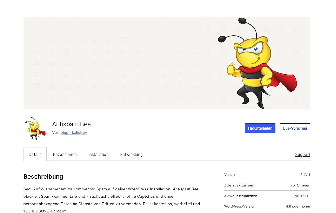 Bild: wordpress.org: Plugin-Übersichtsseite zu „Antispam Bee“