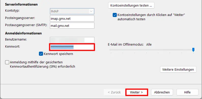 Bild: Outlook 365: Server- und Anmeldungsinformationen