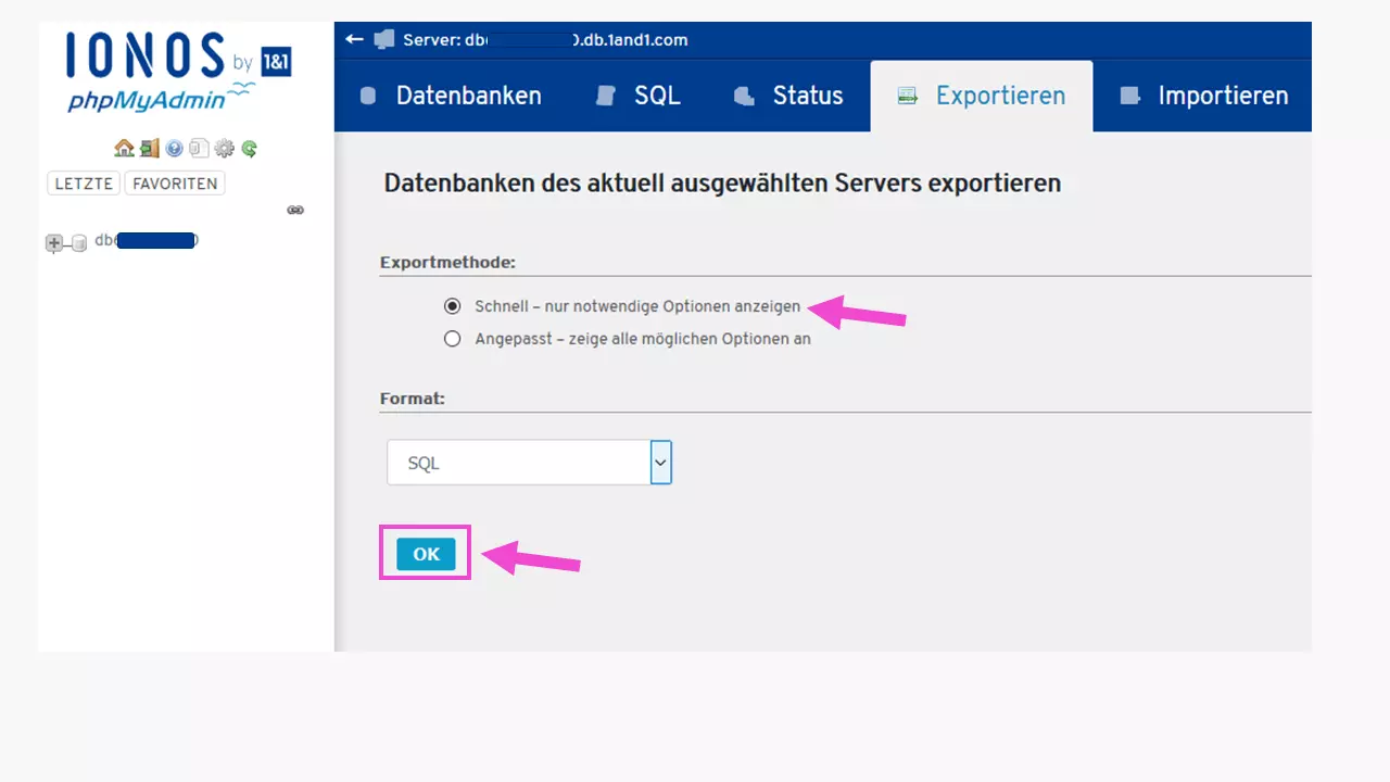 WordPress Staging 1. Schritt: Sichern der bestehenden Datenbank