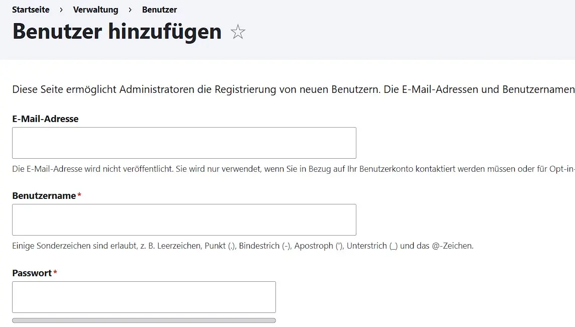 Drupal-Menü zum Anlegen eines neuen Benutzerkontos Bild: Drupal-Menü zum Anlegen eines neuen Benutzerkontos