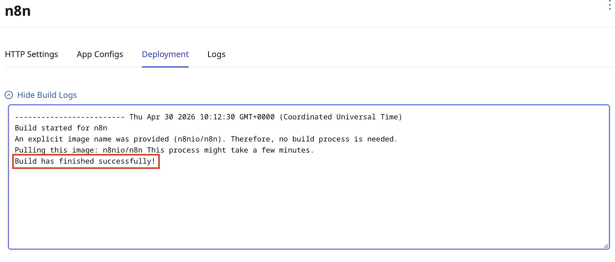 Bild: CapRover: Build erfolgreich