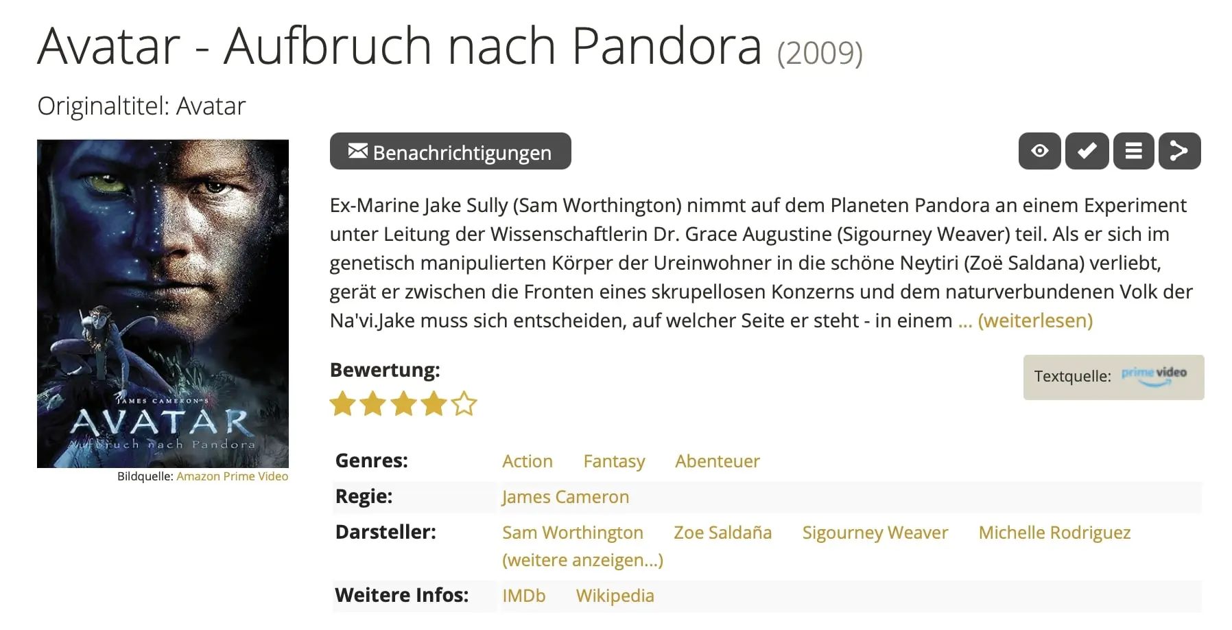 Bild: Screenshot von Film-Informationen und Bewertungen zum Film „Avatar – Aufbruch nach Pandora“ auf werstreamt.es