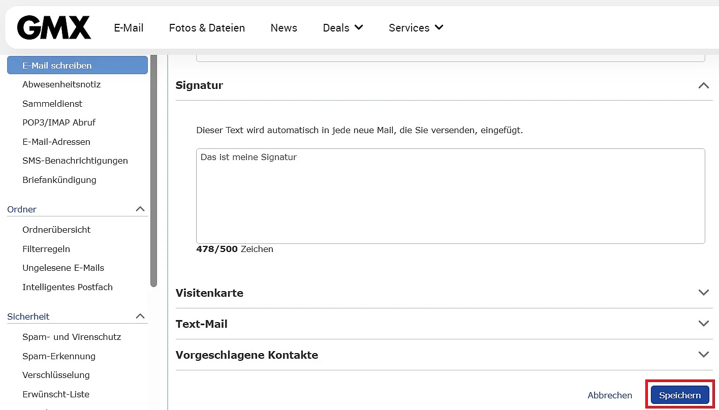 Bild: GMX: „Signatur“ Text eingeben und auf „Speichern“ klicken