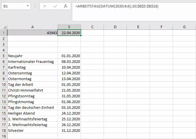 Bild: ARBEITSTAG-Funktion in Excel mit Liste an Feiertagen