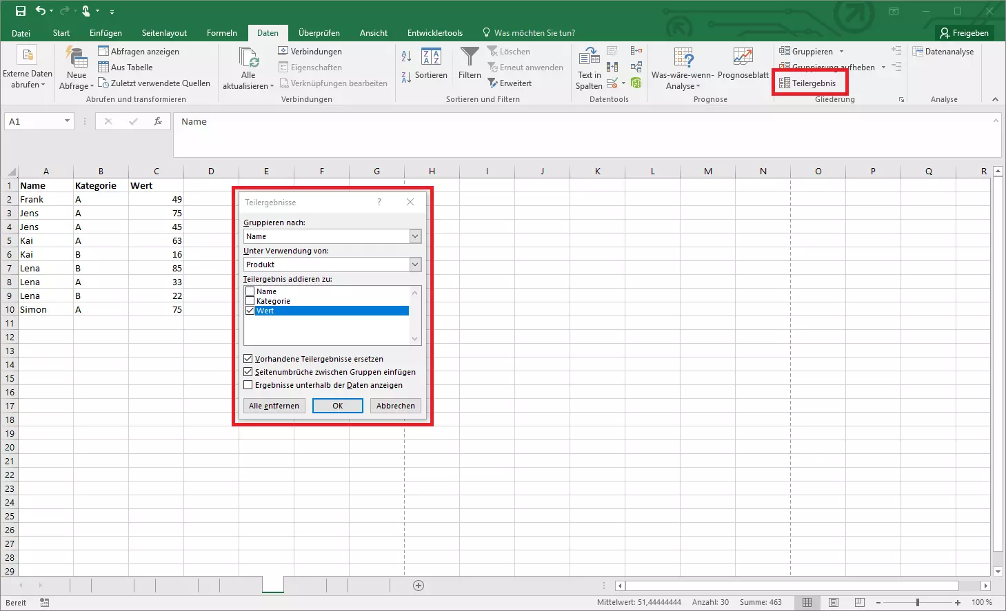 Bild: Teilergebnis-Tool in Excel