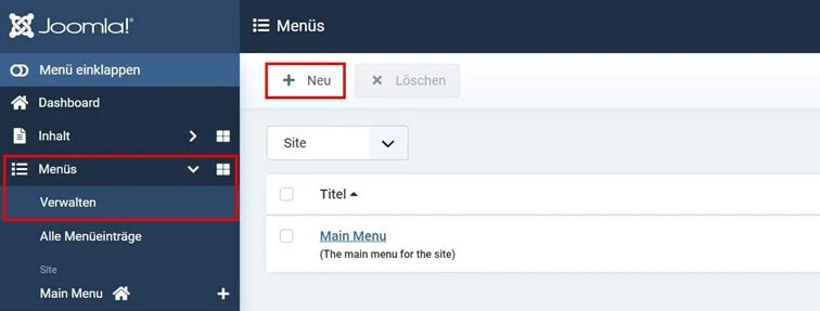 Bild: Joomla-Backend: Menüs bearbeiten