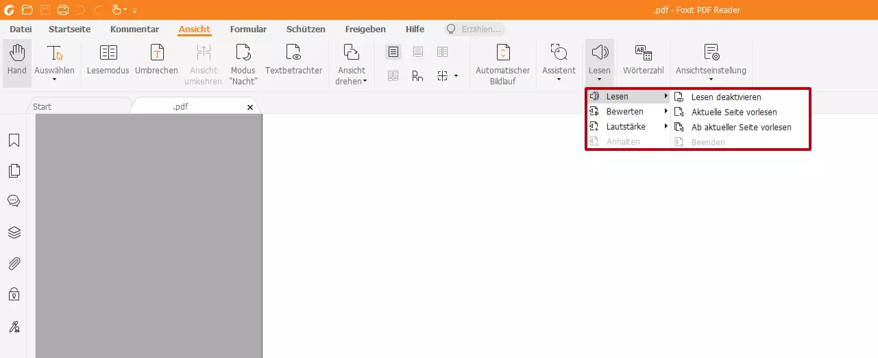 Bild: Foxit PDF Reader: Weitere Aktionen dem Aktivieren der Sprachausgabe unter „Lesen“