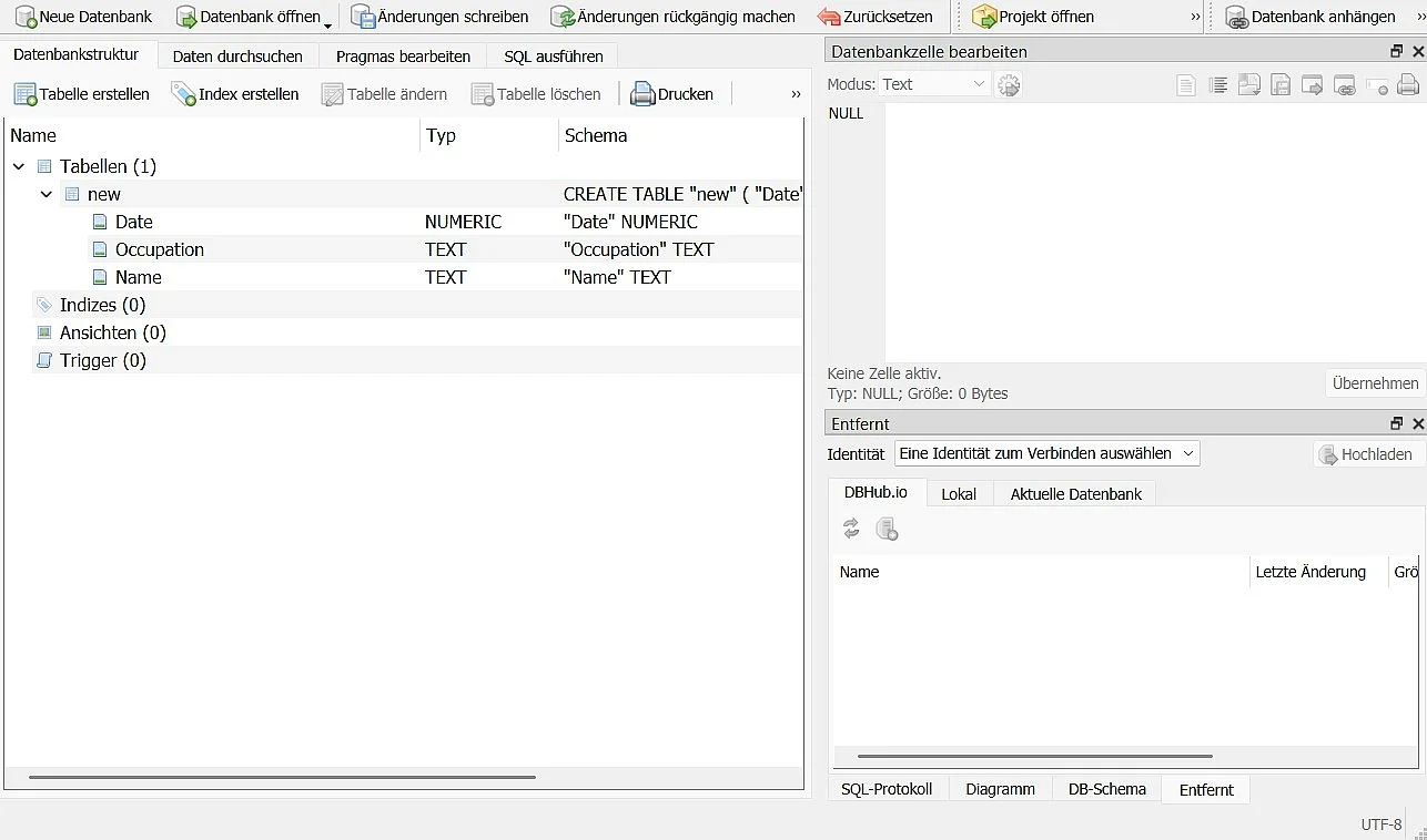 Bild: Menü innerhalb von DB Browser for SQLite