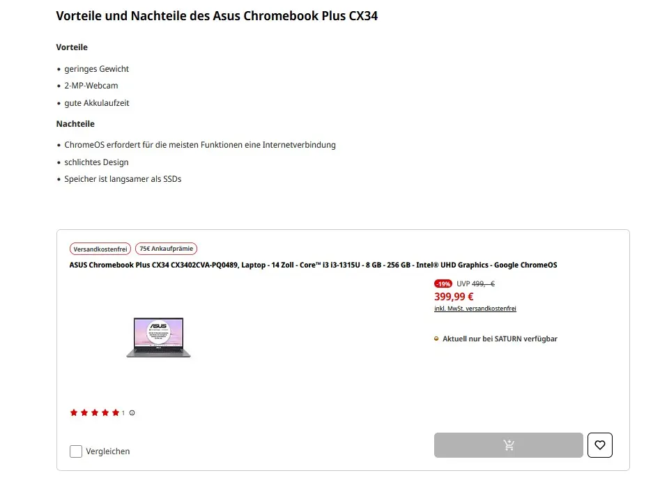 Mediamarkt.de Landingpage: CTA-Detailansicht eines Notebooks Bild: Mediamarkt.de Landingpage: CTA-Detailansicht eines Notebooks