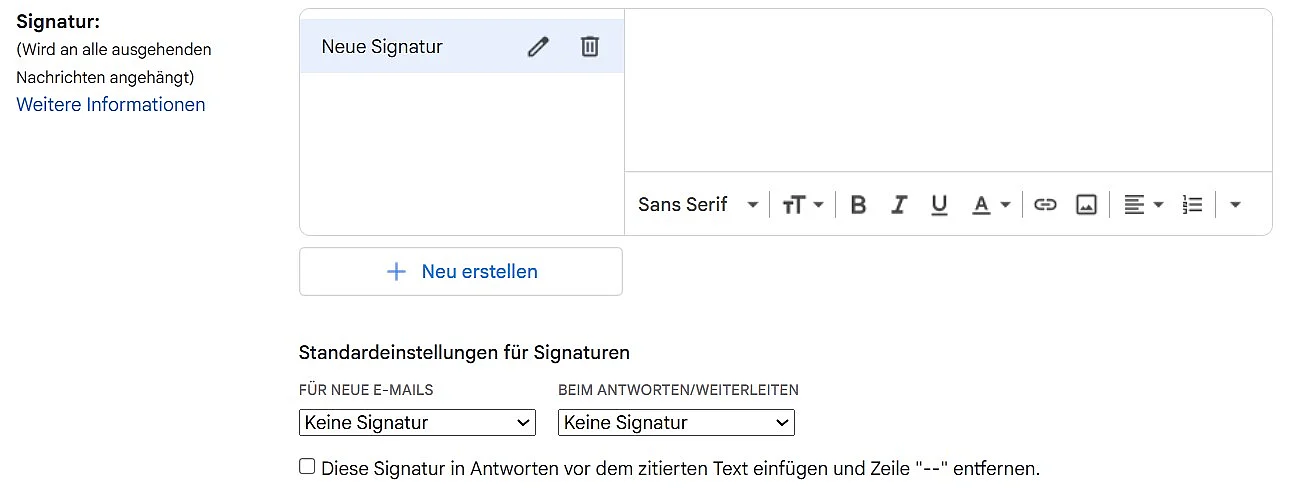 Bild: Gmail-Einstellungen mit geöffnetem Bereich Signatur und Editor