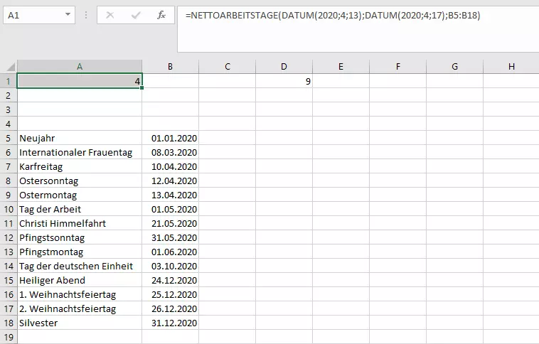 Bild: Funktion NETTOARBEITSTAGE in Excel