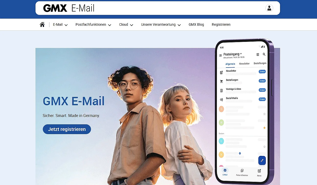 Website des E-Mail-Anbieter GMX Bild: Website des E-Mail-Anbieter GMX