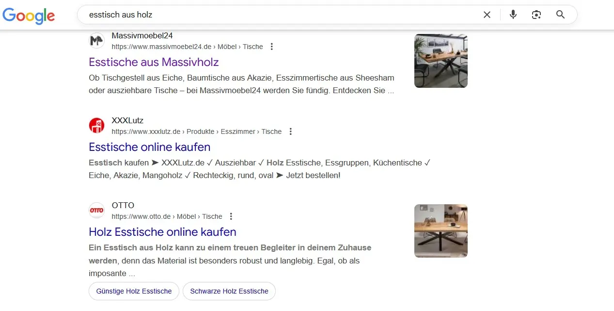 Google-Suche: „Esstisch aus Holz“ Bild: Google-Suche: „Esstisch aus Holz“