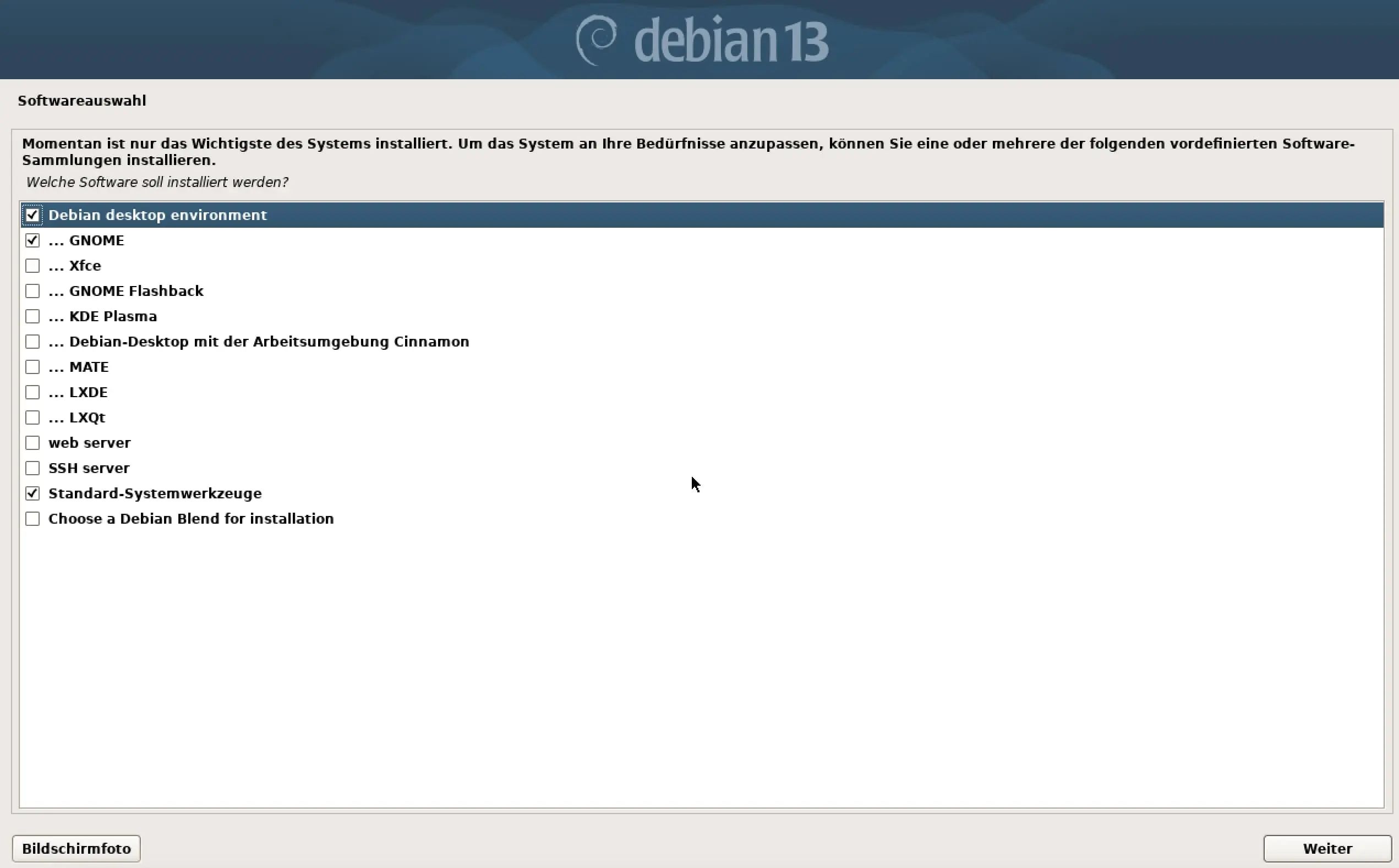 Bild: Screenshot der Debian-13-Installation: Softwareauswahl