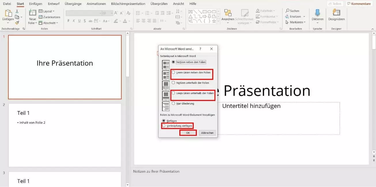 Bild: PowerPoint an Microsoft Word senden: Optionen