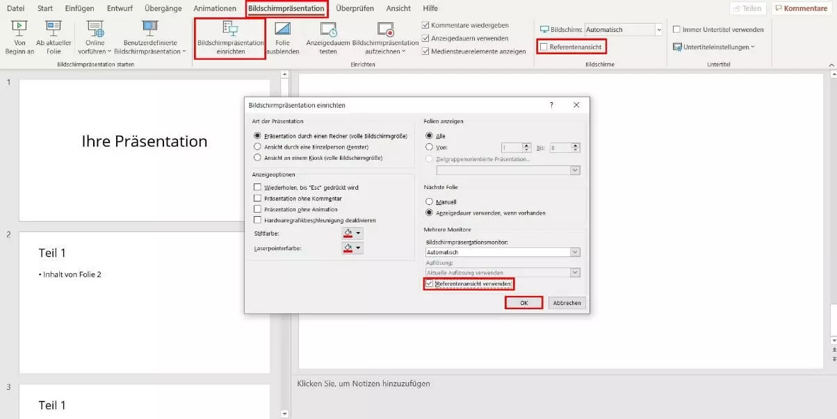Bild: PowerPoint: Dialog „Bildschirmpräsentation einrichten“