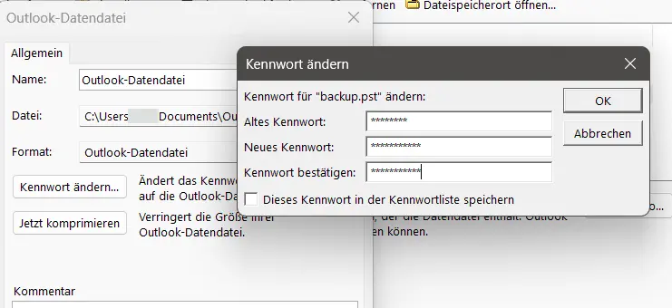 Bild: Outlook-Datendateimenü: Kennwort ändern