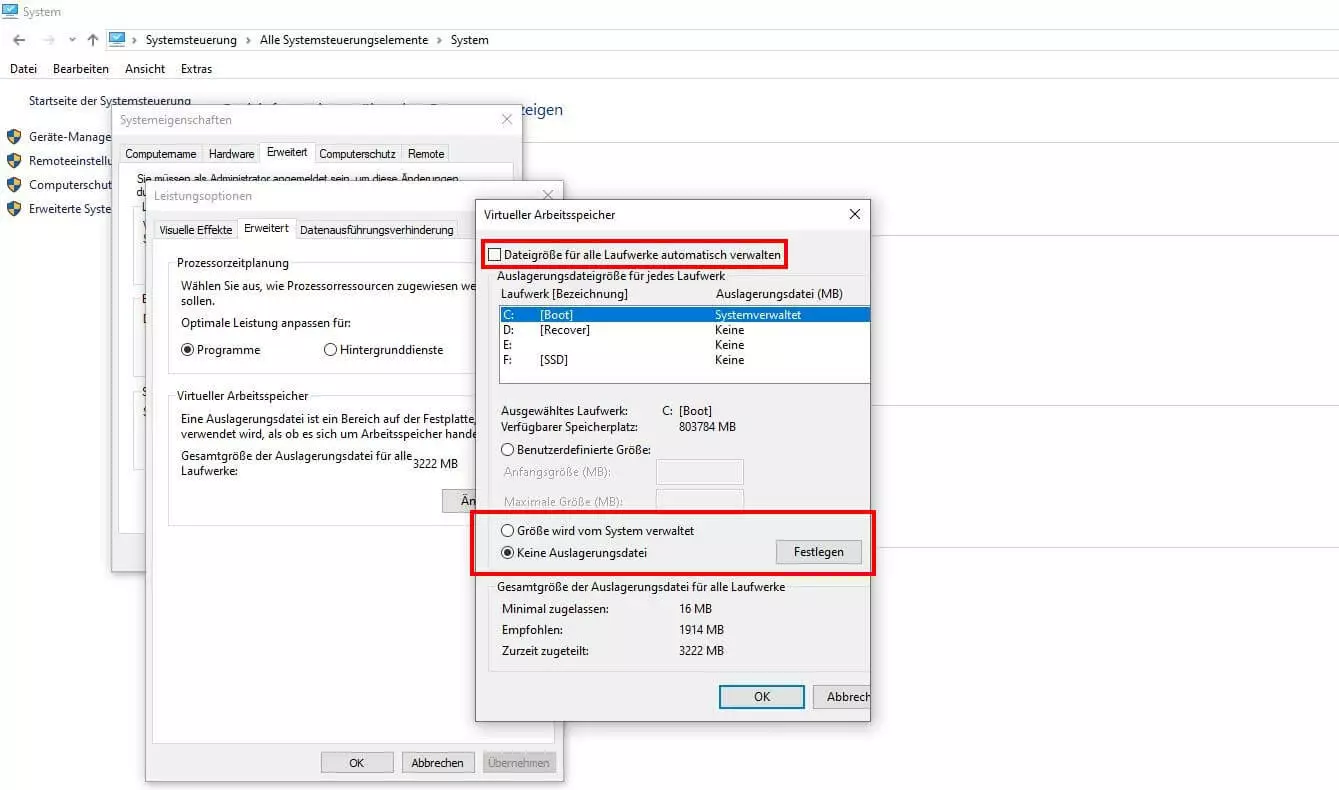 Einstellungen für virtuellen Arbeitsspeicher in Windows 10