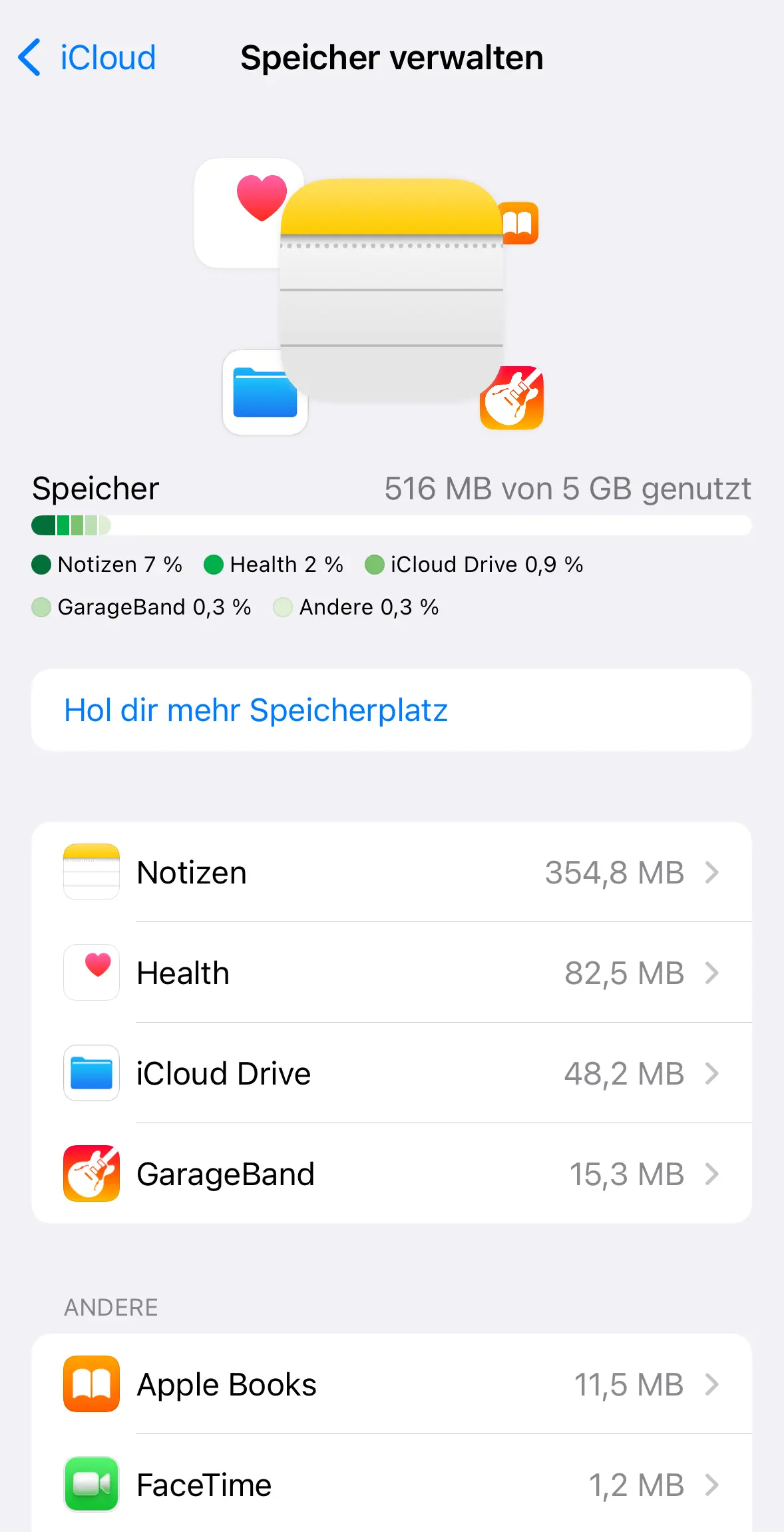 Speichereinstellungen in der iCloud Bild: Speichereinstellungen in der iCloud