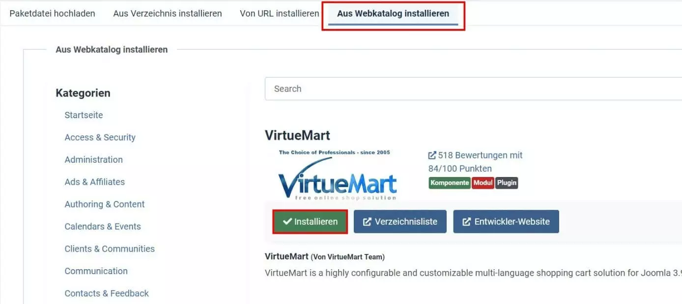 Joomla-Shop-Plugin „VirtueMart“ aus Webkatalog installieren