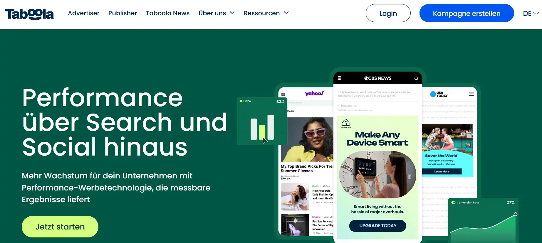 Bild: Startseite von Taboola mit Übersicht zu Content-Discovery- und Native-Advertising-Lösungen