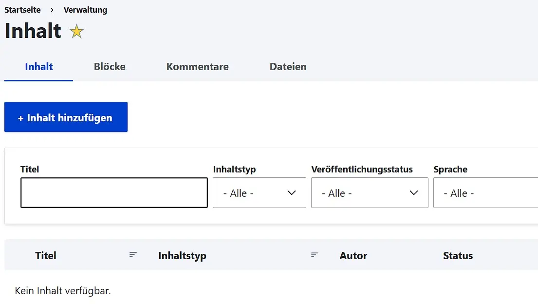 Drupal-Menü „Inhalt“, das erlaubt, eine neue Seite zu erstellen Bild: Drupal-Menü „Inhalt“, das erlaubt, eine neue Seite zu erstellen