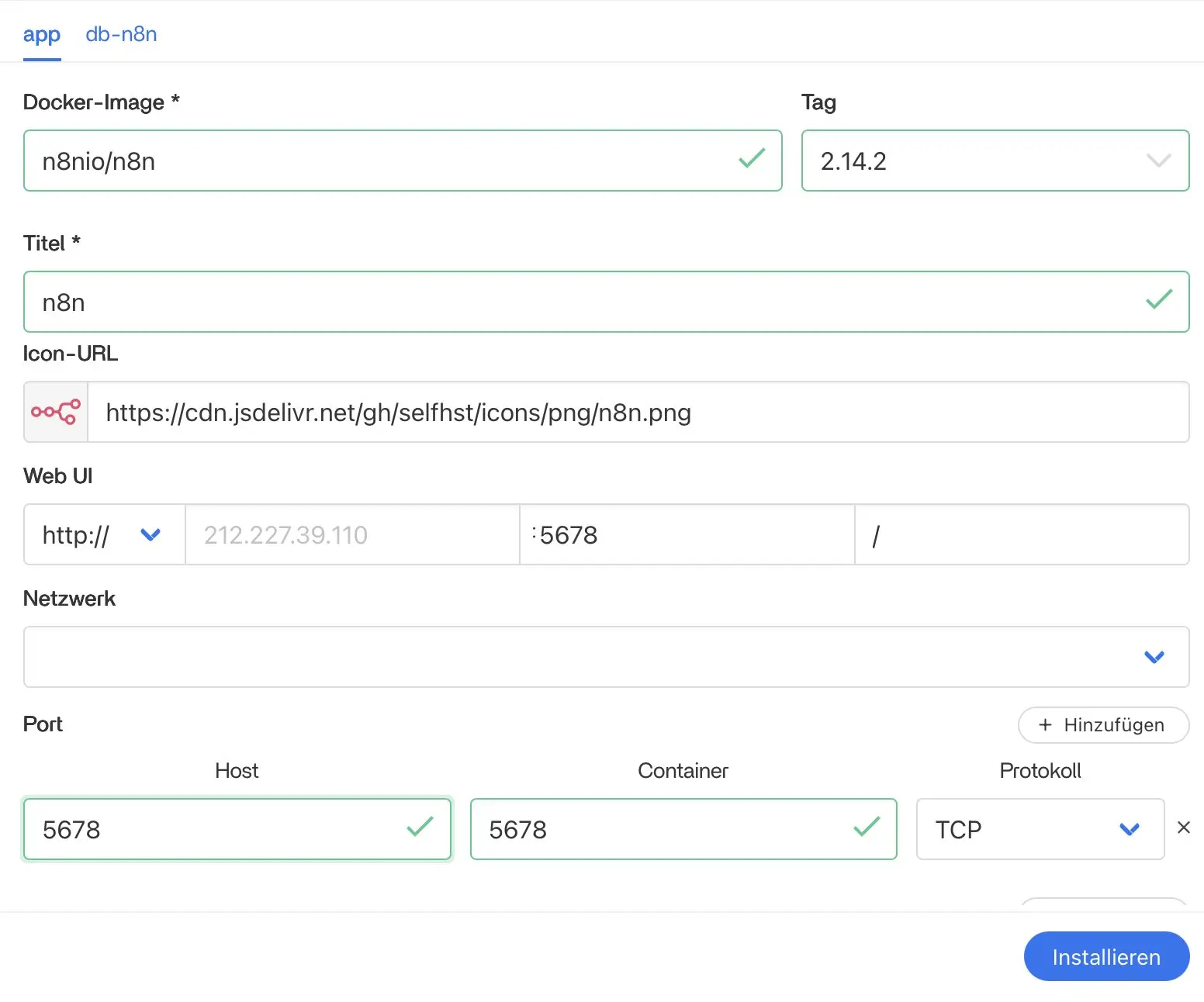 Bild: n8n: Einstellungen bei Installation