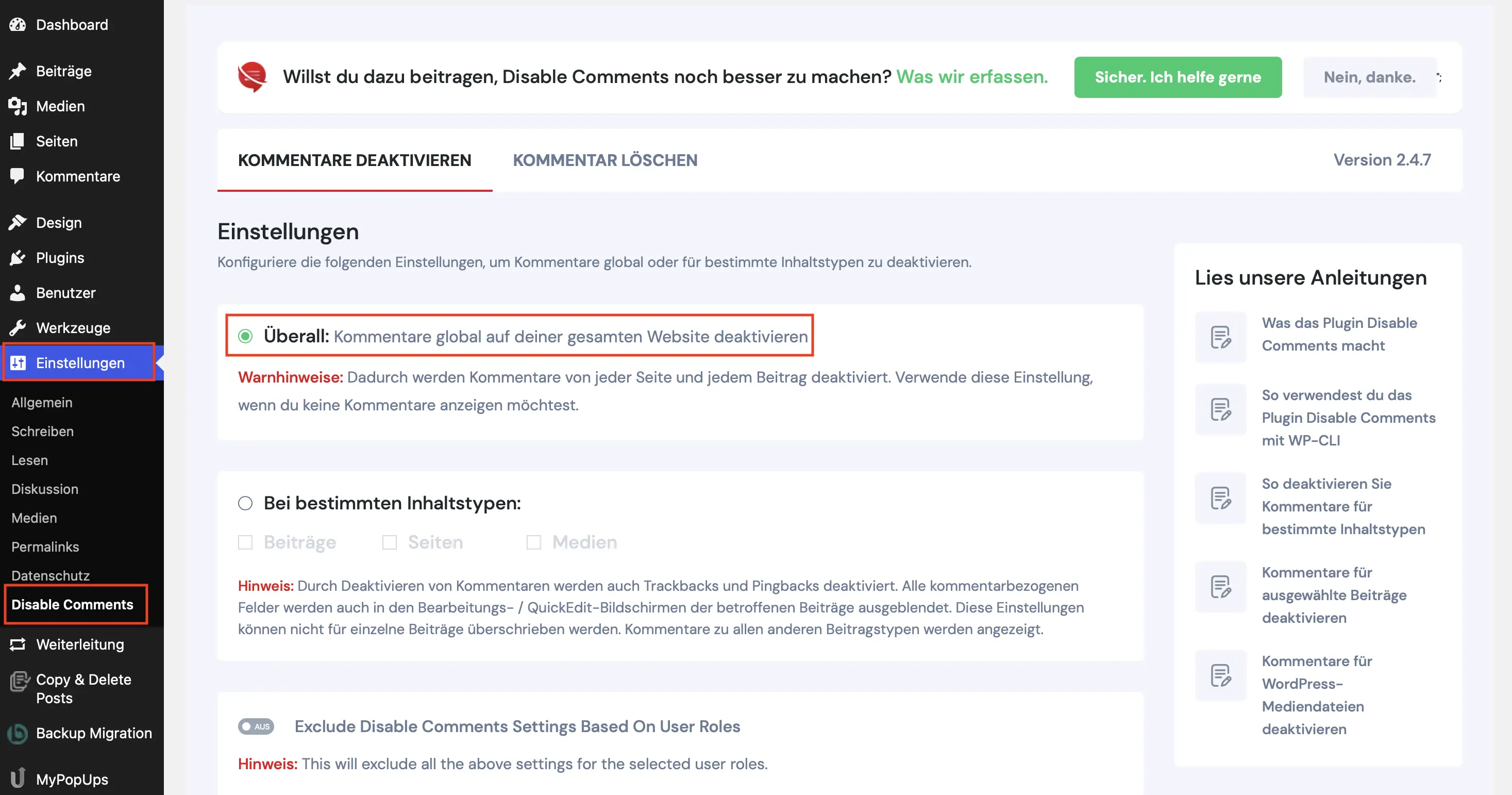 Backend des Plugins „Disable Comments“ – Kommentare deaktivieren mit Einstellungsmöglichkeiten Bild: Backend des Plugins „Disable Comments“ – Kommentare deaktivieren mit Einstellungsmöglichkeiten