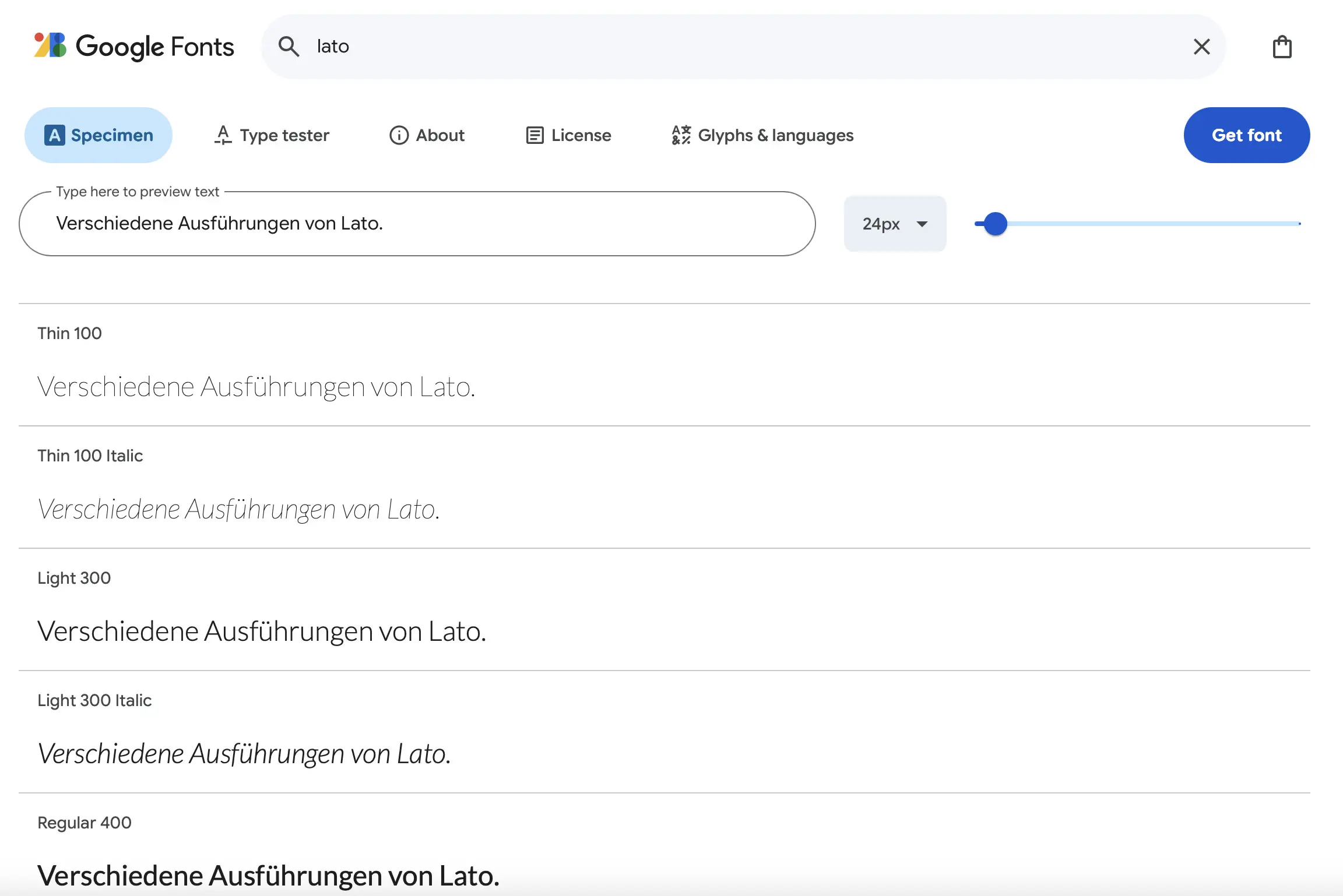 Bild: Verschiedene Ausführungen des Webfonts Lato bei Google Fonts
