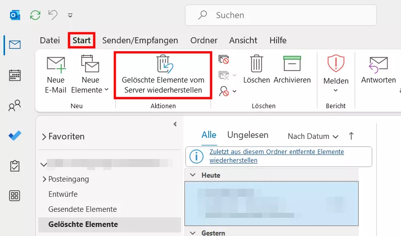 Bild: Gelöschte Outlook-Elemente vom Server wiederherstellen