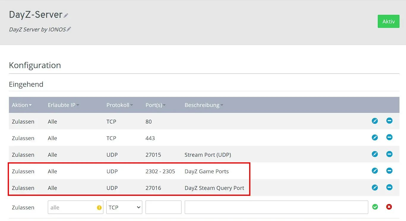 Freigegebene Ports im IONOS Cloud Panel Bild: Freigegebene Ports im IONOS Cloud Panel