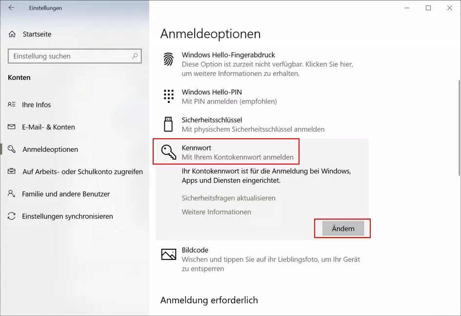 Bild: Windows 10: Anmeldeoptionen mit Kennwortfenster