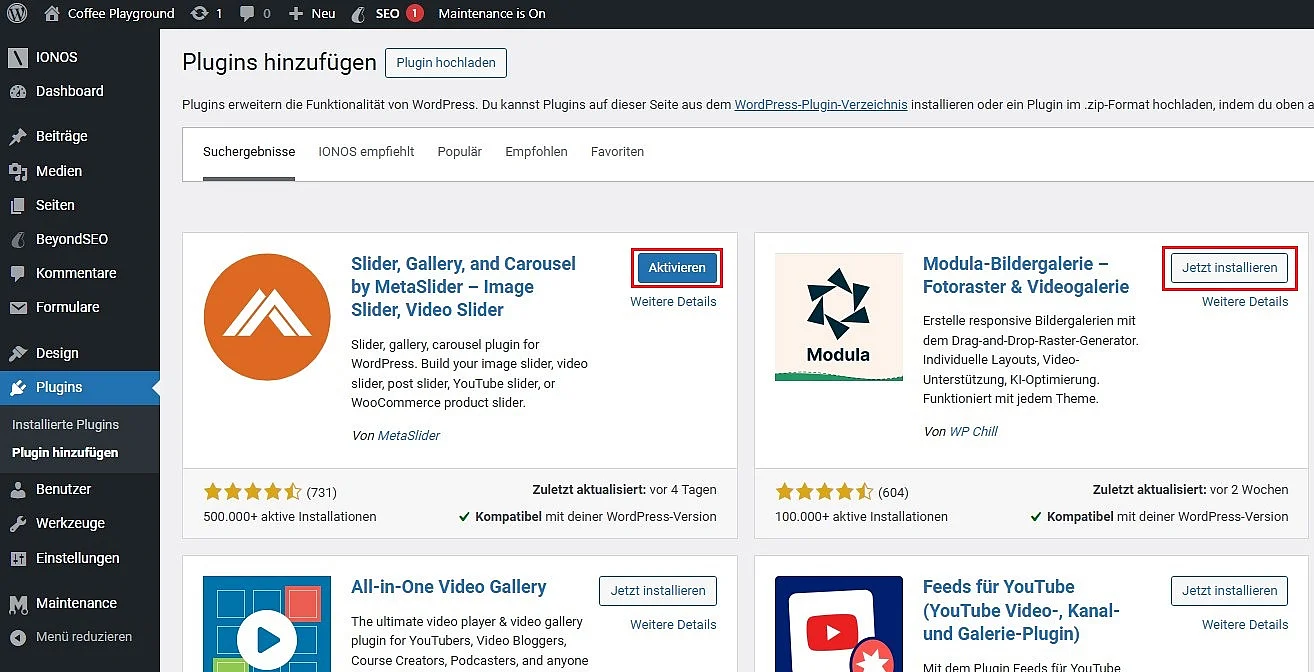 WordPress-Plugins: Buttons zum Installieren und Aktivieren Bild: WordPress-Plugins: Buttons zum Installieren und Aktivieren