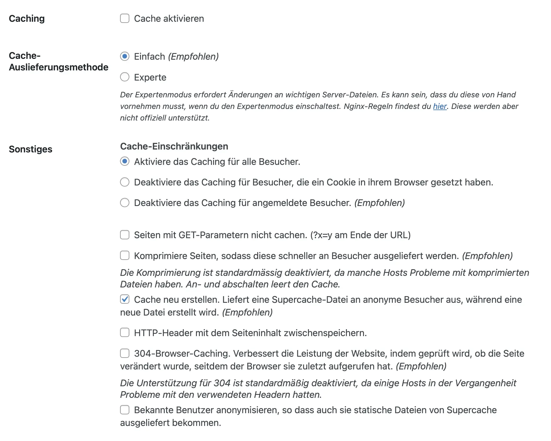 Backend-Einstellungen des WordPress-Caching-Plugins WP Super Cache Bild: Backend-Einstellungen des WordPress-Caching-Plugins WP Super Cache
