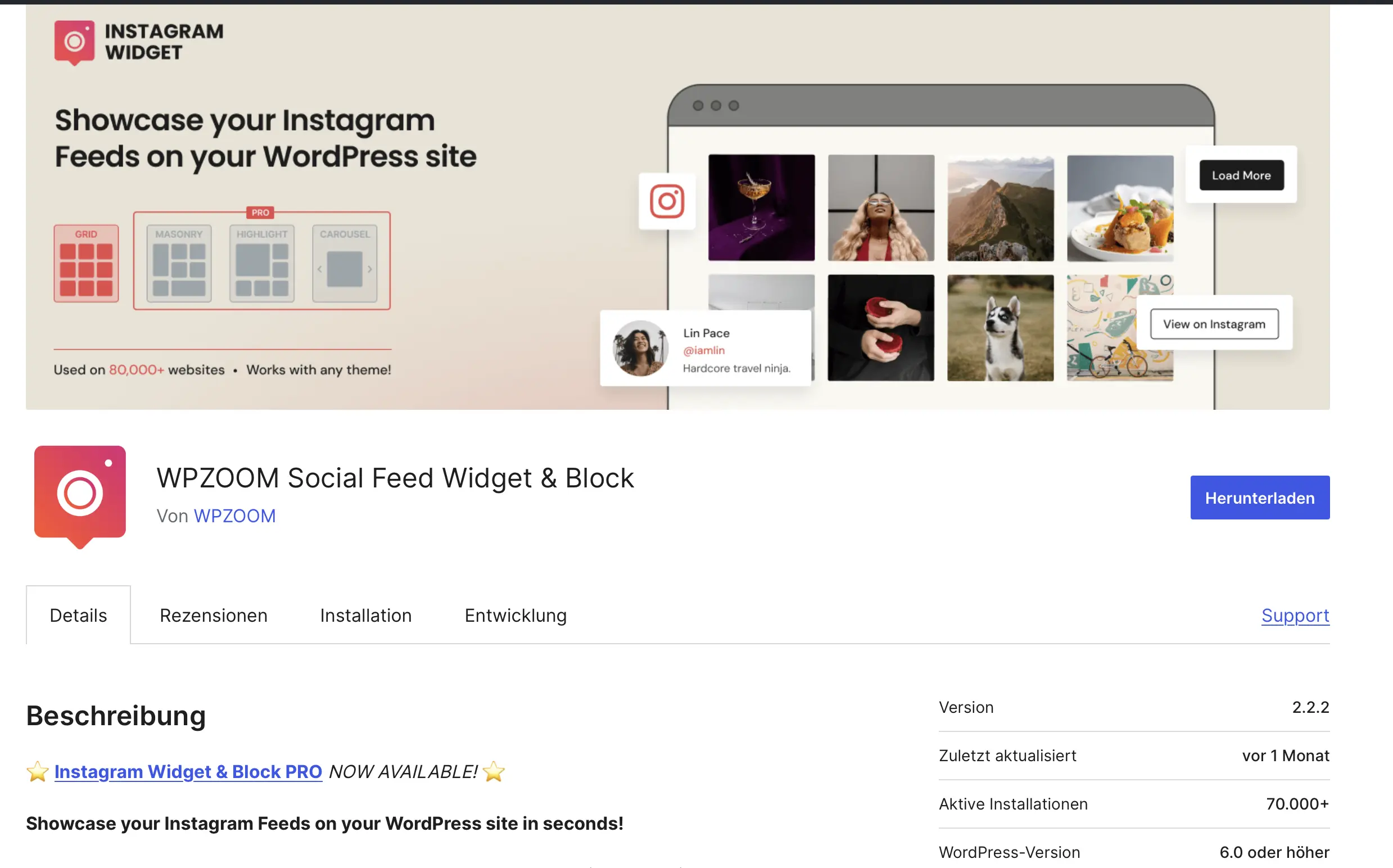 WPZOOM Social Feed Widget & Block im WordPress-Plugin-Store Bild: WPZOOM Social Feed Widget & Block im WordPress-Plugin-Store