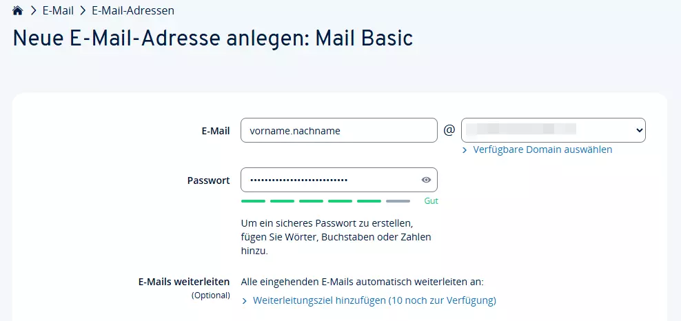 Neue Familien-E-Mail-Adresse anlegen im IONOS-Kundenkonto Bild: Neue Familien-E-Mail-Adresse anlegen im IONOS-Kundenkonto