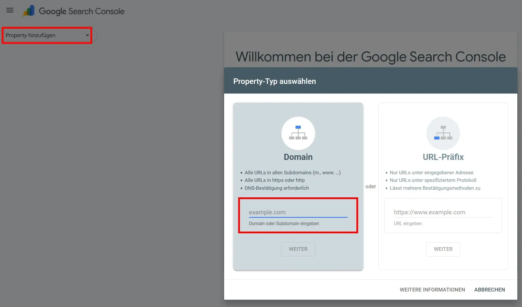 Google Search Console: Property hinzufügen Bild: Google Search Console: Property hinzufügen