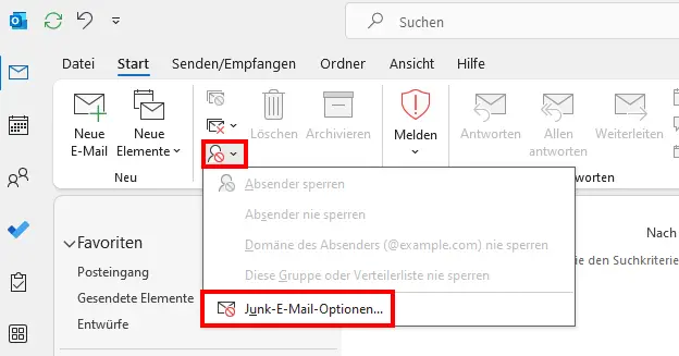 Junk-E-Mail-Optionen im klassischen Menüband von Outlook Bild: Junk-E-Mail-Optionen im klassischen Menüband von Outlook