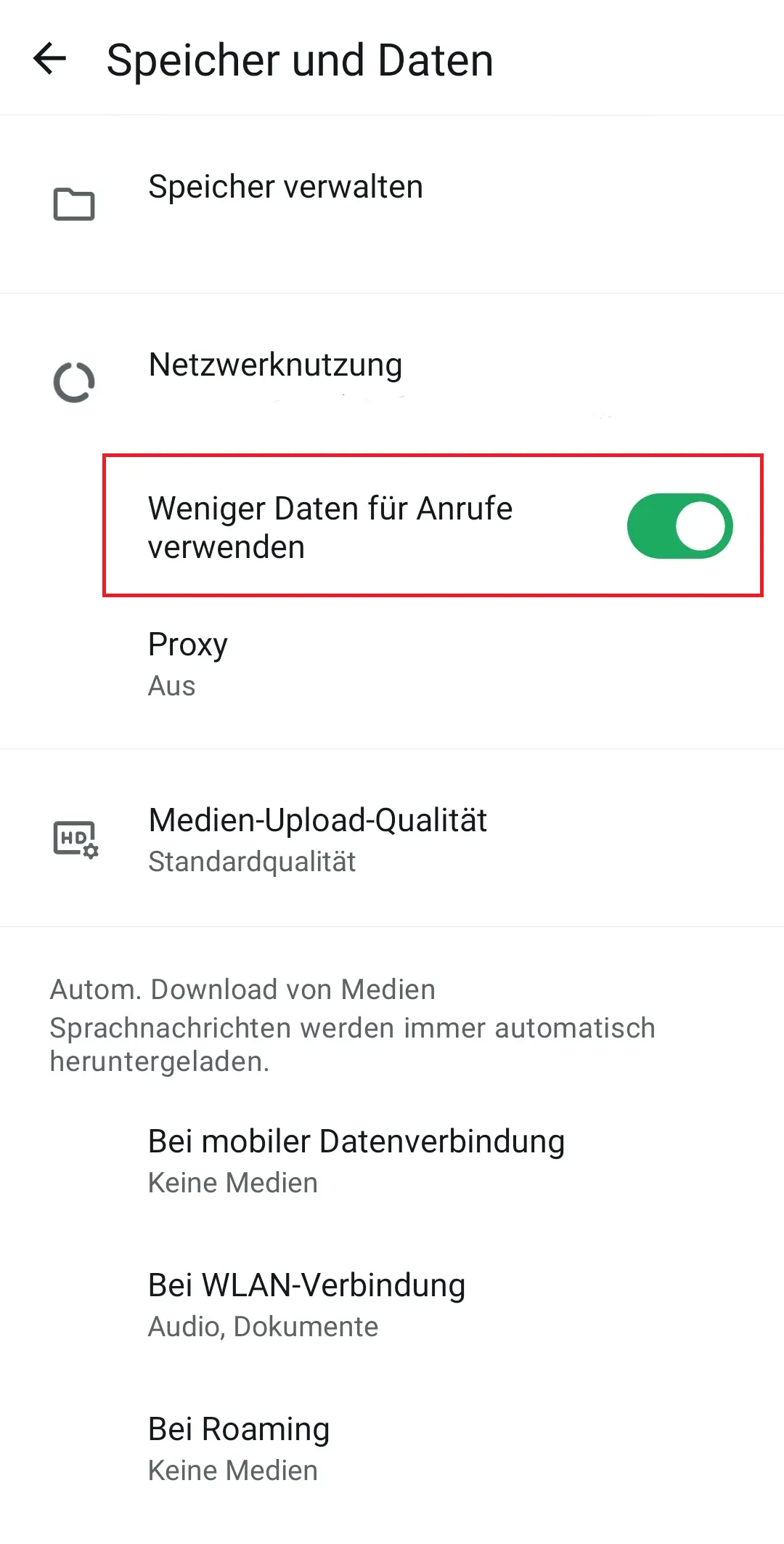 WhatsApp: „Speicher und Daten“ in „Einstellungen“ Bild: WhatsApp: „Speicher und Daten“ in „Einstellungen“