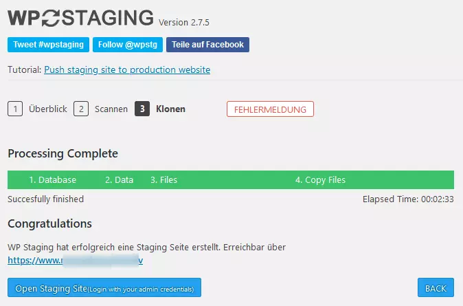 Erstellen der WordPress-Testumgebung mit dem Plugin WP Staging