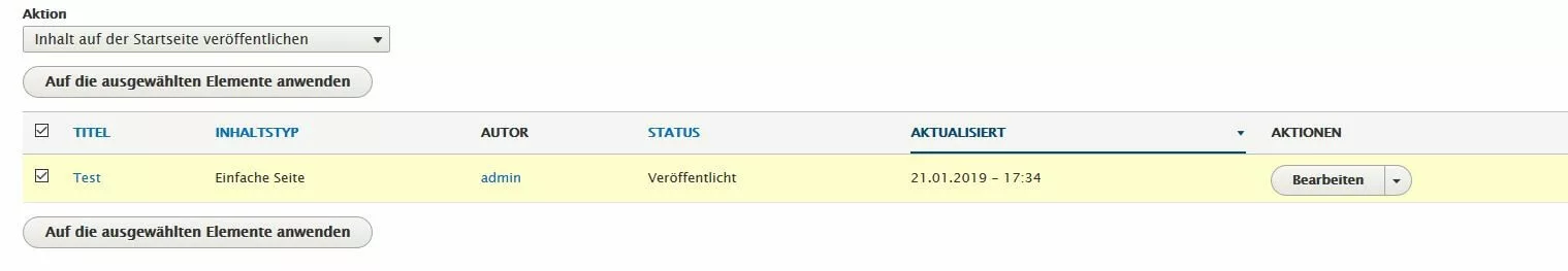 Ausgewählte Drupal-Test-Seite im Menü „Inhalt“