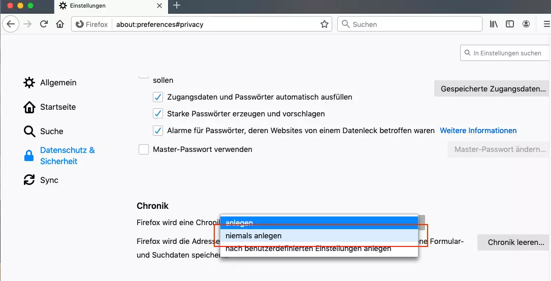 Bild: Chronik-Einstellungen im Bereich „Datenschutz & Sicherheit“