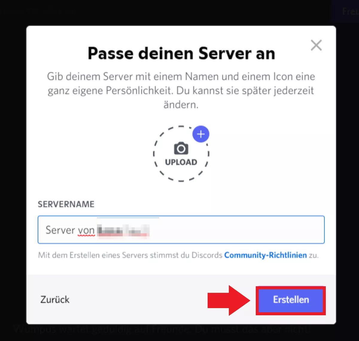 Legen Sie im Server-Menü den Servernamen fest und klicken Sie „Erstellen“